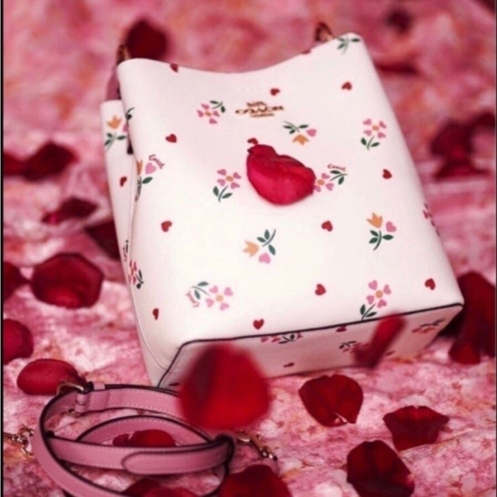 Coach Small Town Bucket Pink Leather Signature Canvas Heart Petal Print Chalk